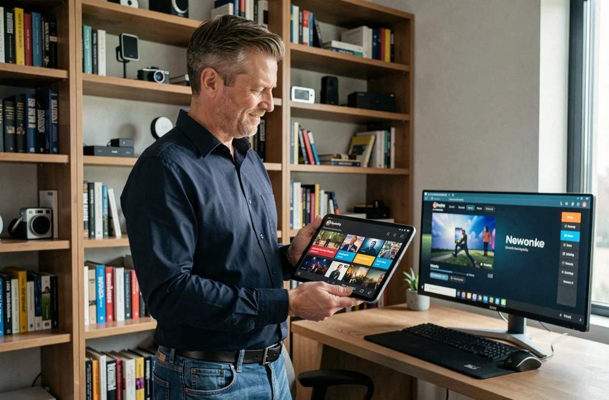 Homme consultant un tableau de bord de divertissement numérique sur tablette dans un bureau moderne connecté