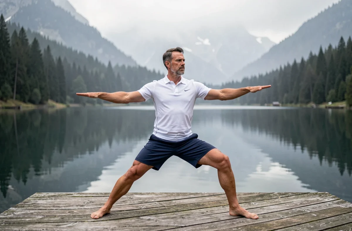 Homme pratiquant le yoga en plein air sur une terrasse en bois face à un lac de montagne, sport en pleine nature en toute liberté