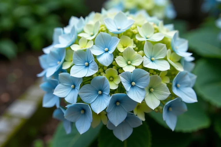 Gros plan sur des fleurs d'hortensia verdissantes avec des pétales décolorés passant du bleu au vert dans un jardin