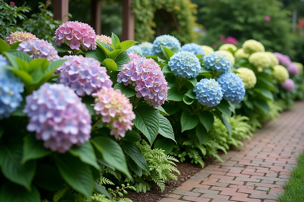 Vue large d'un jardin de cottage avec des hortensias montrant des fleurs vertes et colorées côte à côte le long d'une allée en briques