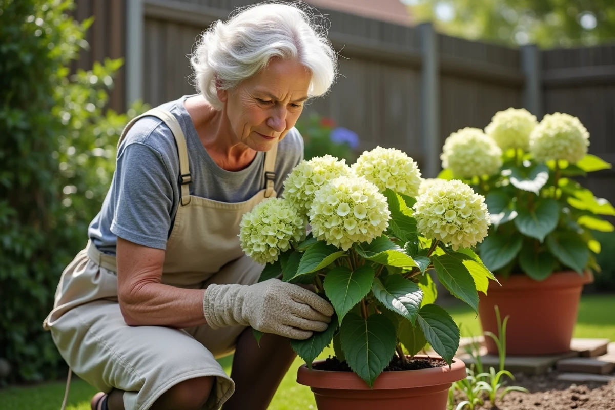 Jardinière examinant un hortensia en pot dont les fleurs verdissent, dans un jardin résidentiel ensoleillé