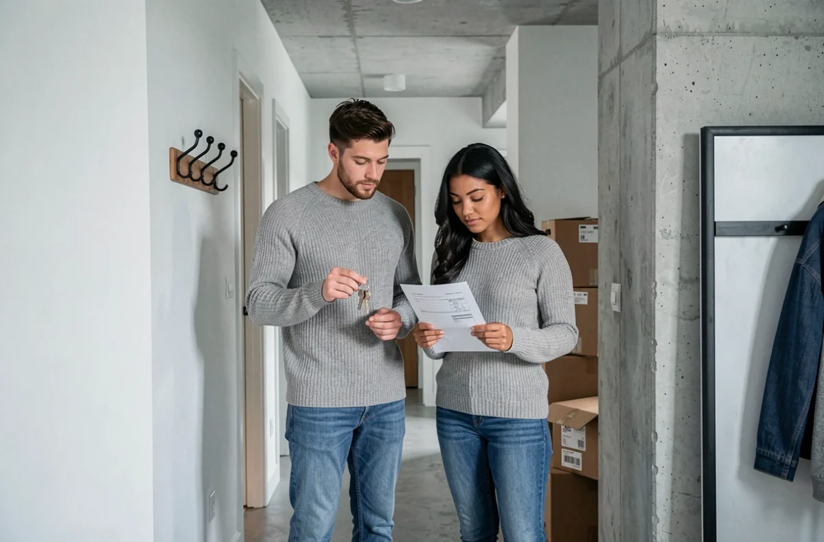 Jeune couple emménageant dans un appartement et vérifiant les conditions d'aides au logement