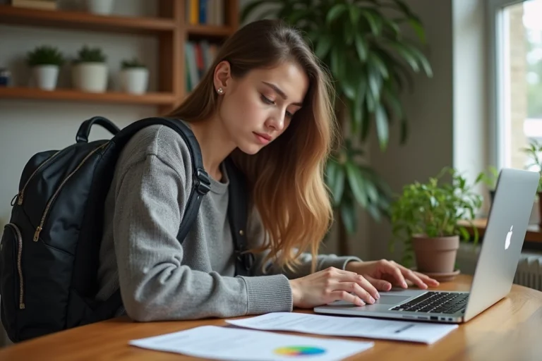 Jeune femme regardant un sac à dos au domicile