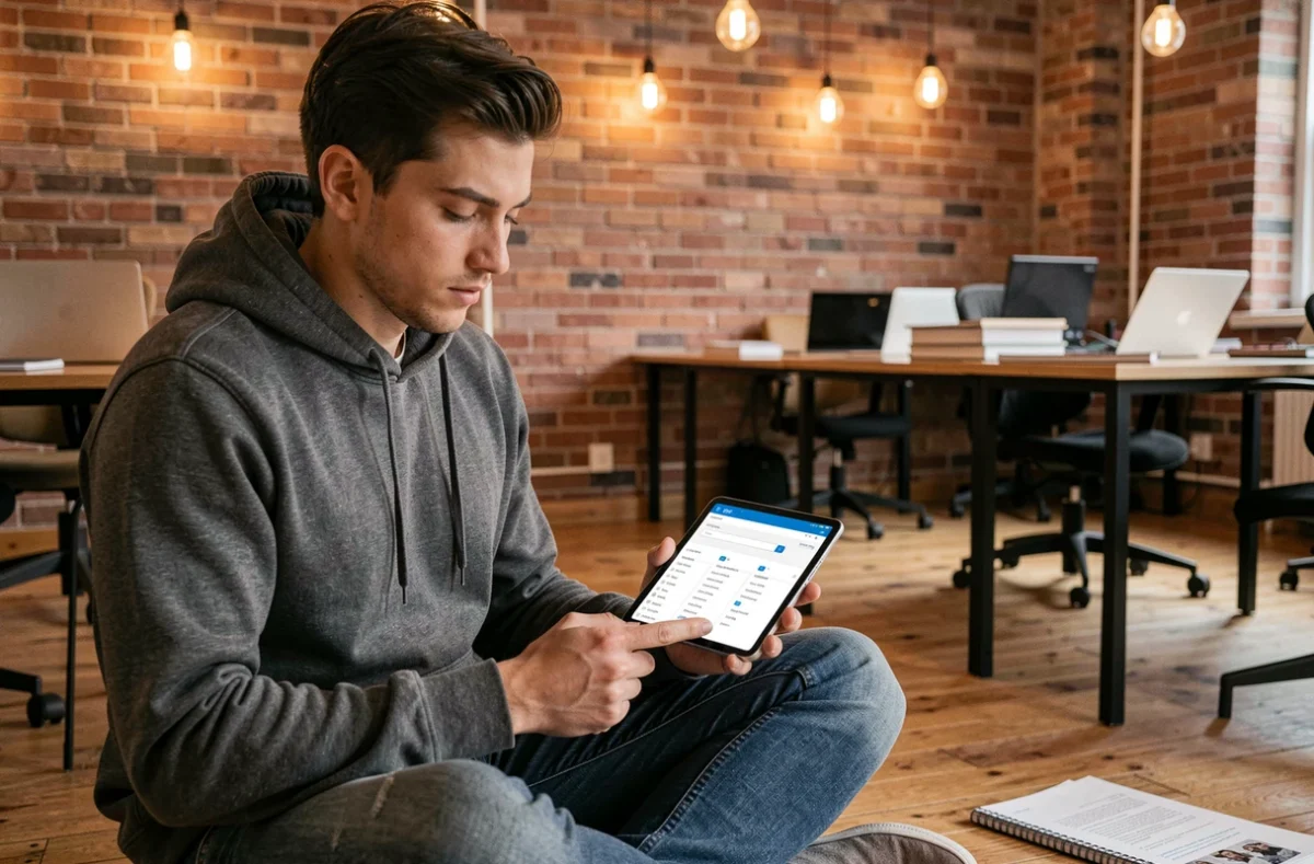 Jeune homme consultant un sitemap sur tablette dans un espace de coworking décontracté