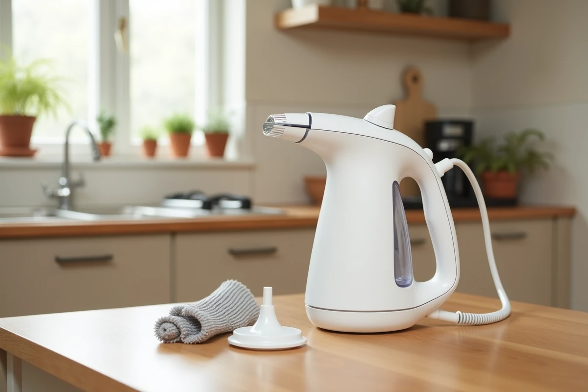 Nettoyeur vapeur Silvercrest Lidl avec accessoires posés sur une table en bois de cuisine