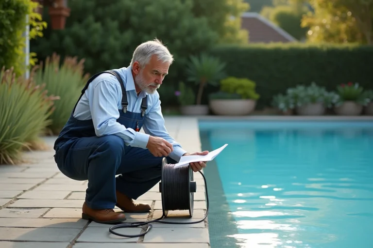Homme en overalls près d'une piscine extérieure avec câble électrique