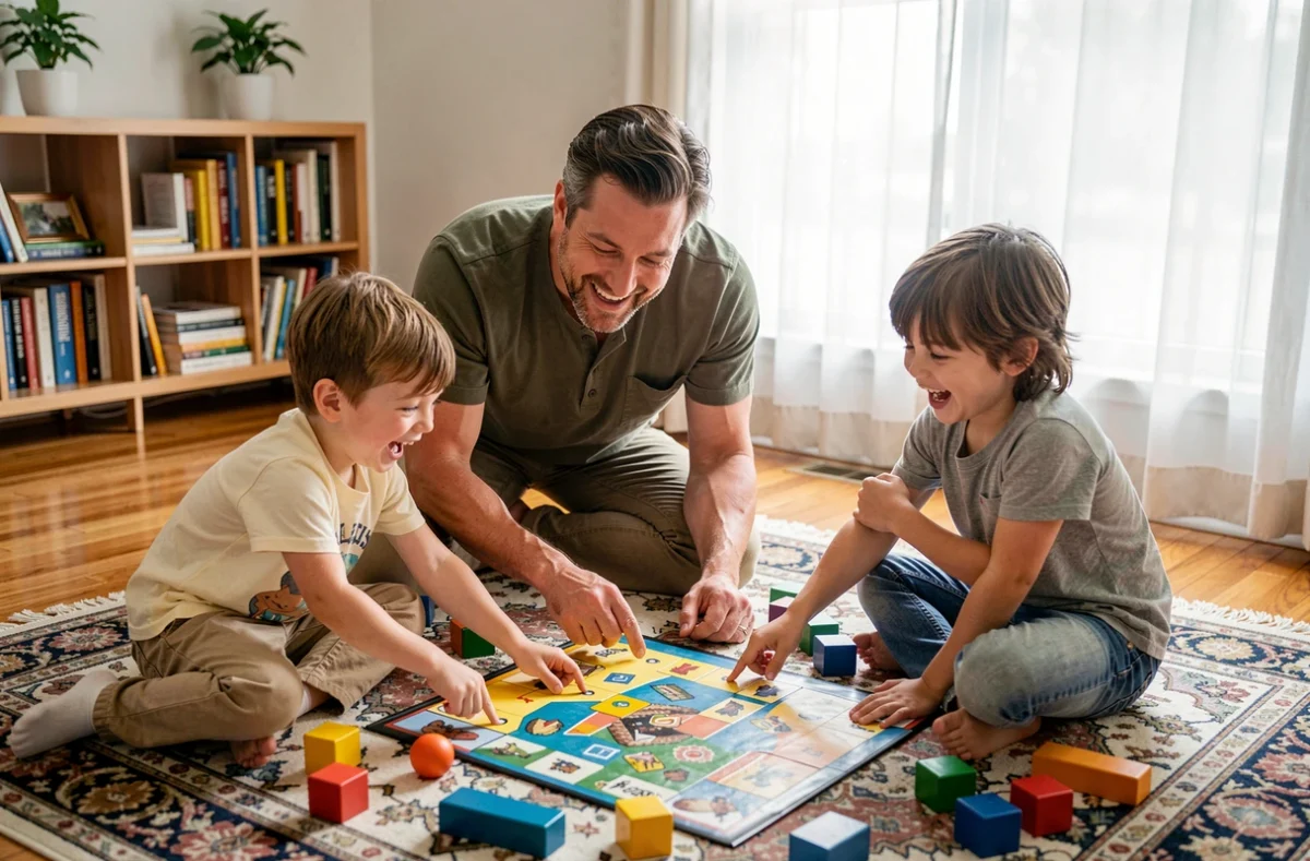 Père et enfants jouant à un jeu de société sur un tapis dans un salon familial chaleureux pendant le week-end