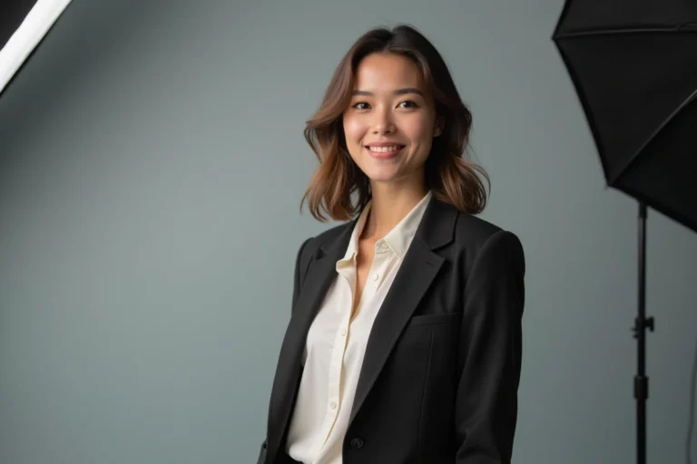 Portrait officiel d'une femme en blazer lors d'une séance photo professionnelle en studio, illustrant les caractéristiques d'un cliché officiel