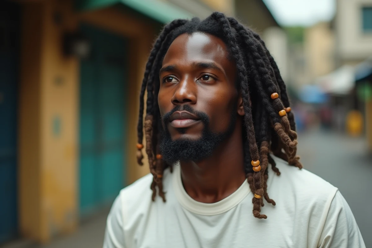 Portrait expressif d'un homme jamaïcain aux dreadlocks devant une rue de Kingston, évoquant le visage et la personnalité de Bob Marley