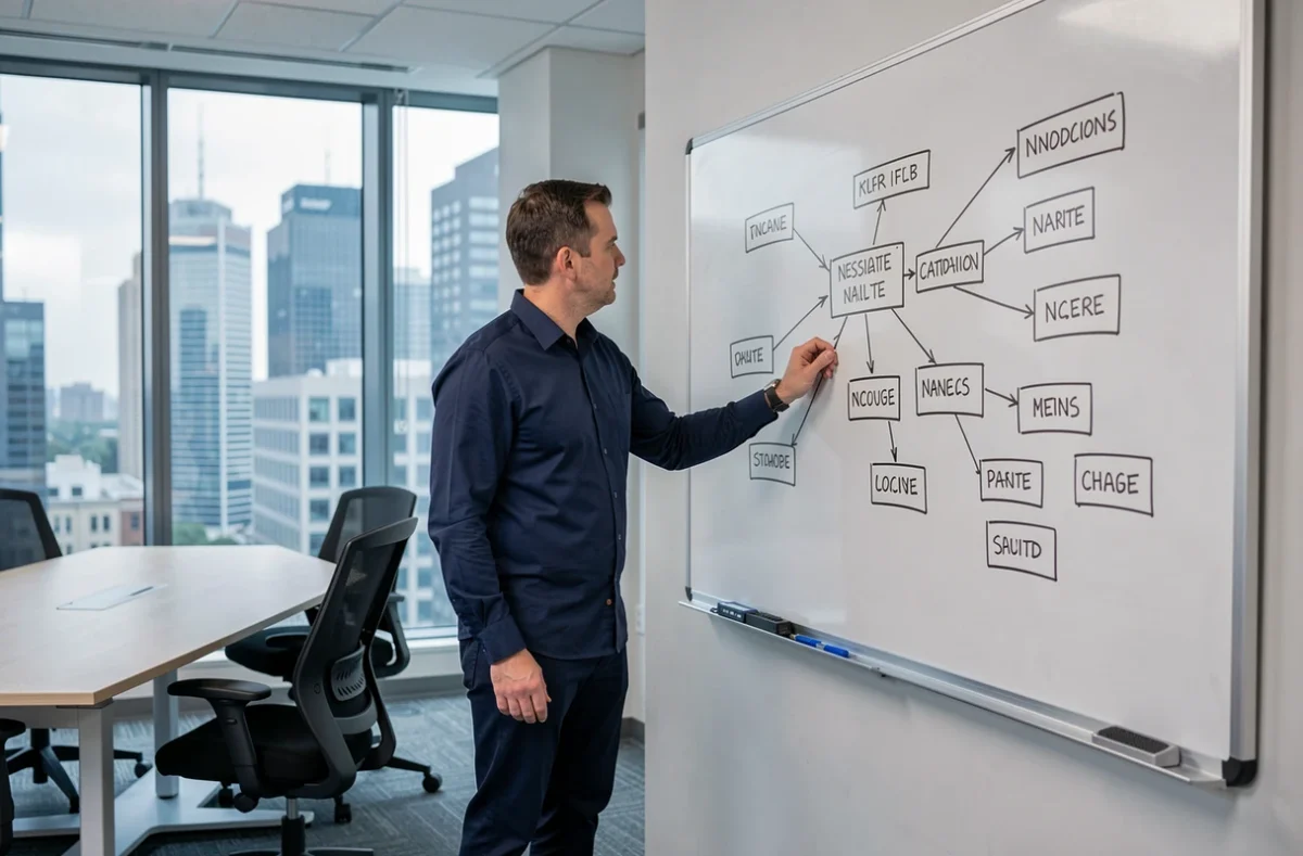 Professionnel expliquant une arborescence de navigation web sur un tableau blanc en salle de réunion