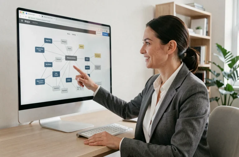Professionnelle en blazer gris analysant un sitemap de site web sur un écran d'ordinateur dans un bureau moderne