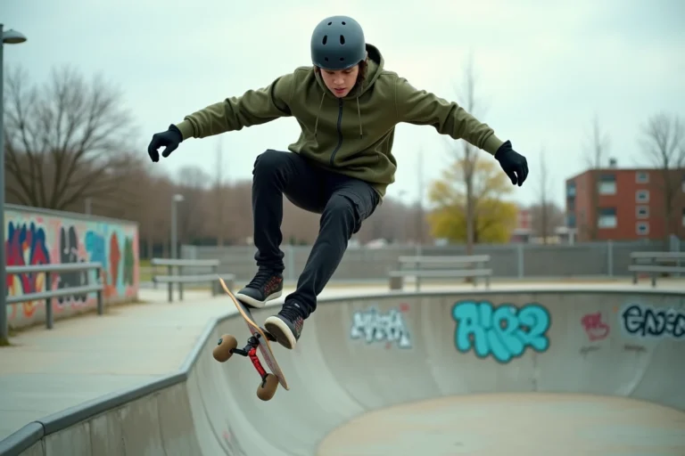 Rider de trottinette freestyle en plein trick tailwhip au-dessus d'un halfpipe en béton dans un skatepark urbain