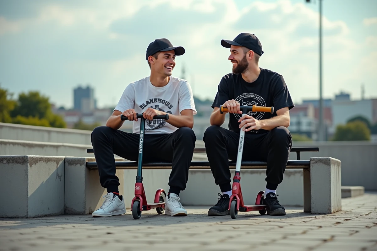 Deux riders de trottinette freestyle assis et discutant dans une plaza urbaine européenne avec leurs trottinettes