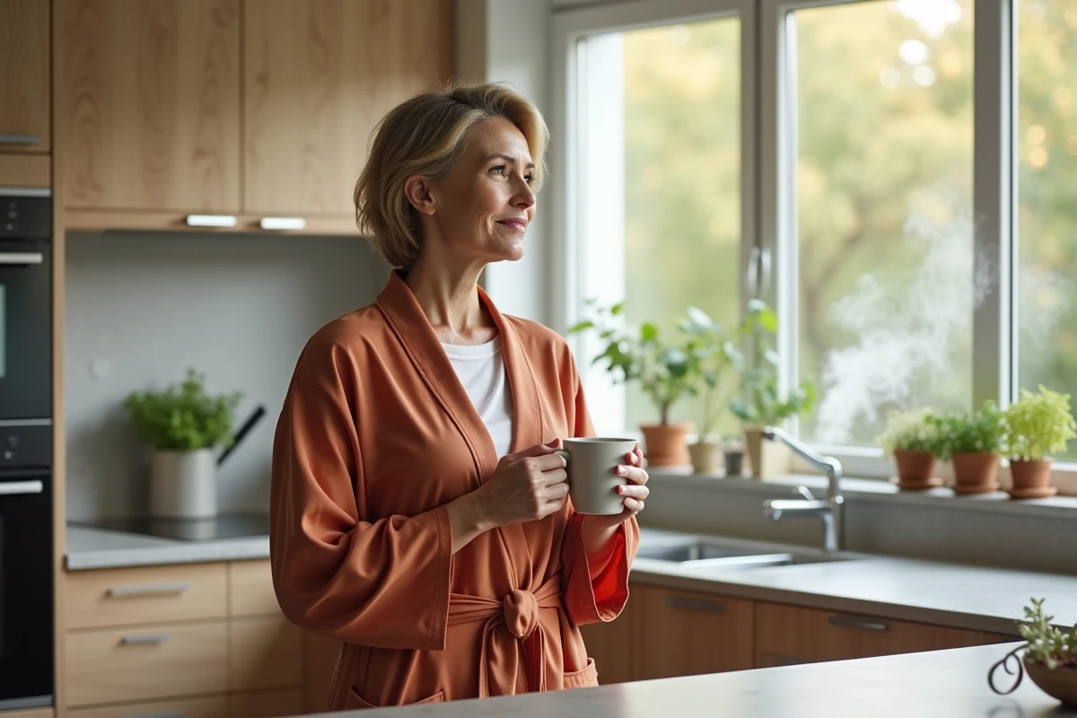 Femme en rituel matinal contemplatif illustrant la méthode de reprogrammation du subconscient en 21 jours
