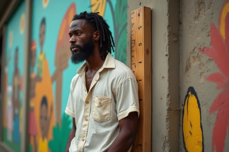 Homme jamaïcain grand et athlétique aux dreadlocks devant une fresque caribéenne colorée, illustrant la stature physique de Bob Marley