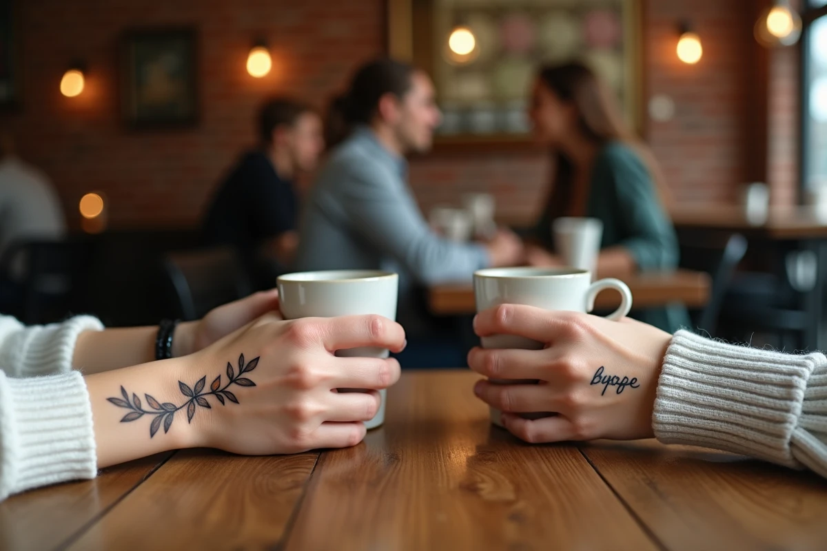 Deux femmes comparant leurs tatouages bracelet au poignet autour d'un café dans un bistrot parisien