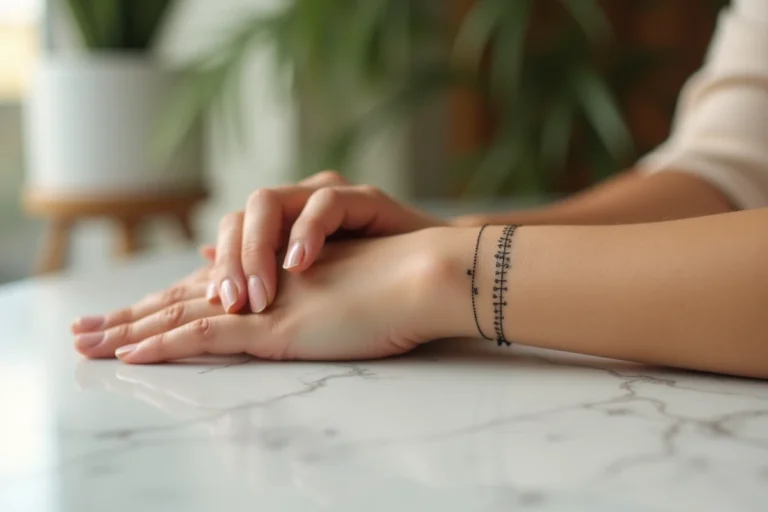 Tatouage bracelet fin au poignet d'une jeune femme avec motifs géométriques en encre noire sur peau hâlée