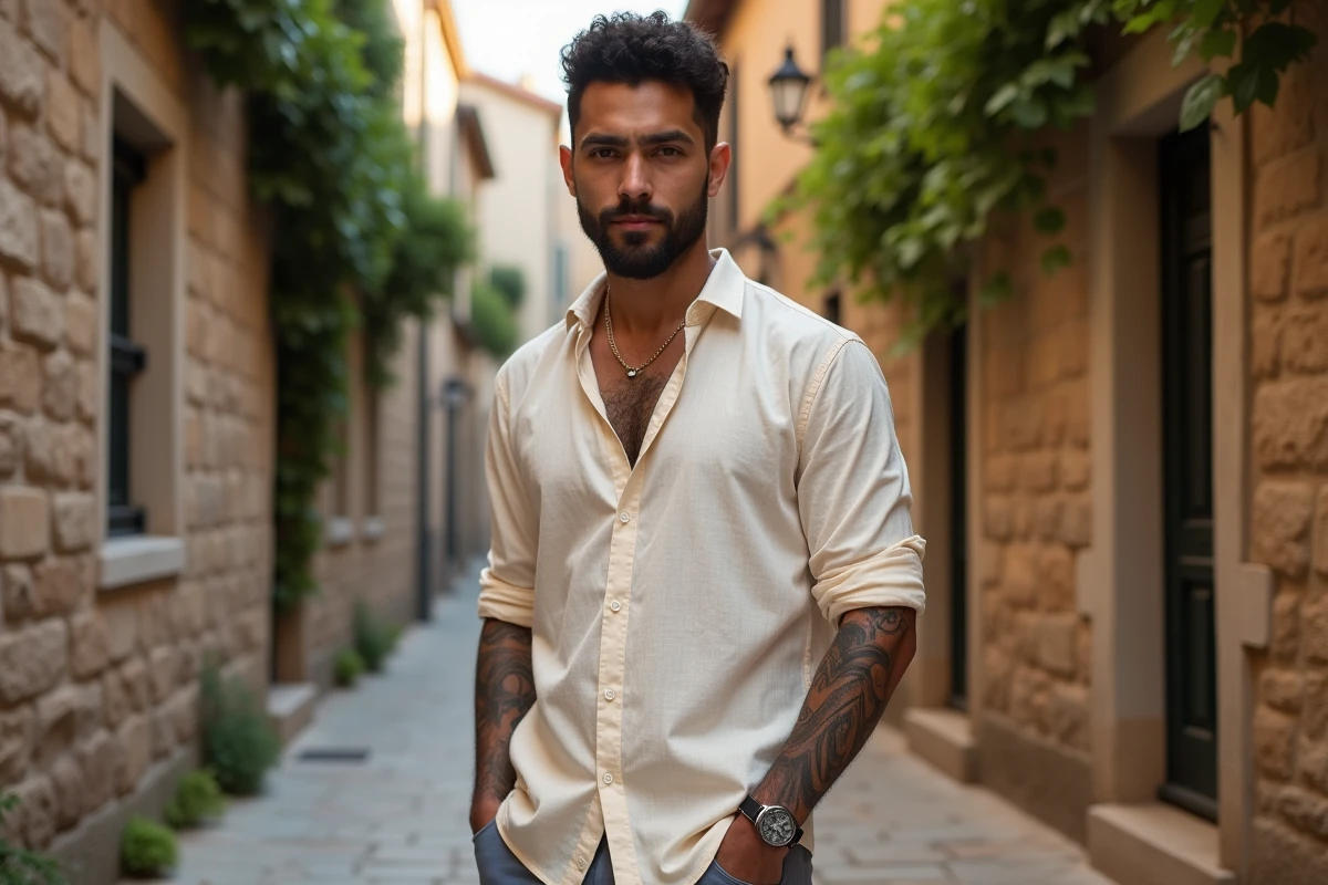 Homme aux manches retroussées révélant un tatouage bracelet tribal au poignet dans une ruelle méditerranéenne
