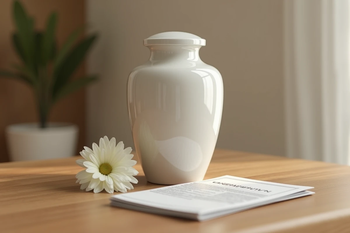 Urne funéraire en céramique polie posée sur une table en bois avec une chrysanthème blanche, salle commémorative sobre