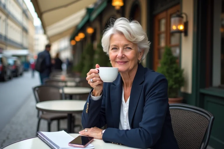 Femme aux cheveux blonds courts souriante dans un café parisien, évoquant la vie de couple de Zazie