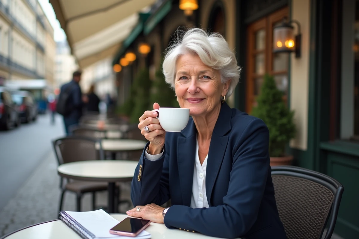 Femme aux cheveux blonds courts souriante dans un café parisien, évoquant la vie de couple de Zazie