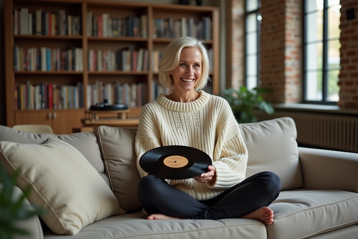 Femme tenant un vinyle dans un appartement parisien décoré avec goût, ambiance intimiste autour de la vie personnelle de Zazie